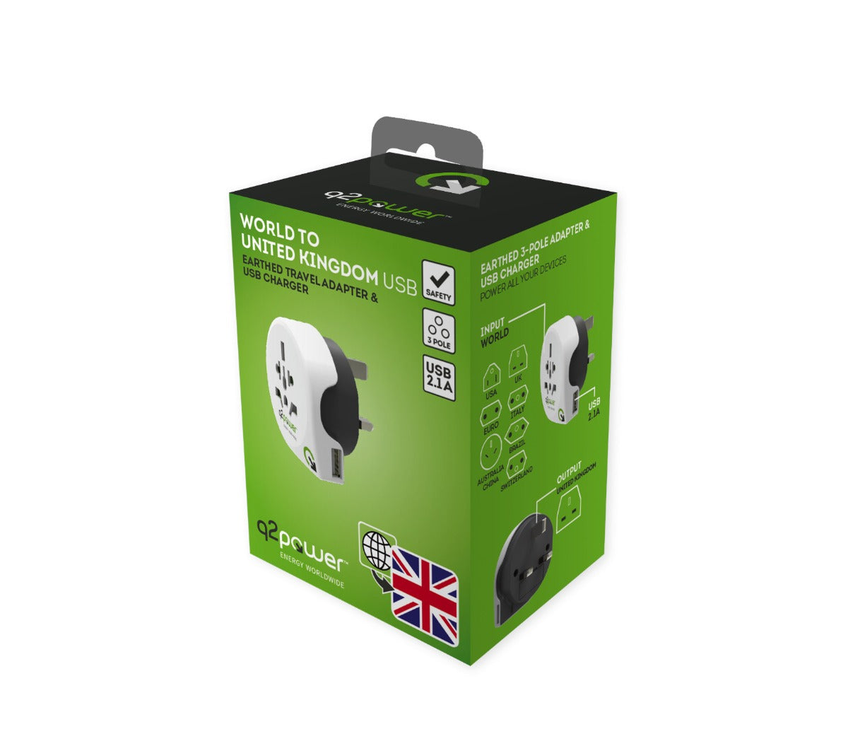 Q2Power Adapter - EU til UK med USB